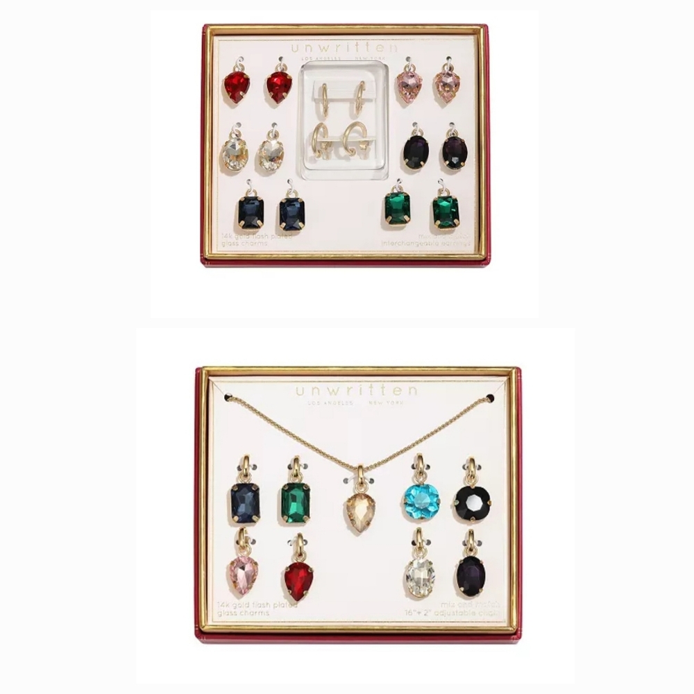Unwritten Interchangable Pendant Glass Charms Necklace Earrings Colored Gems NWT